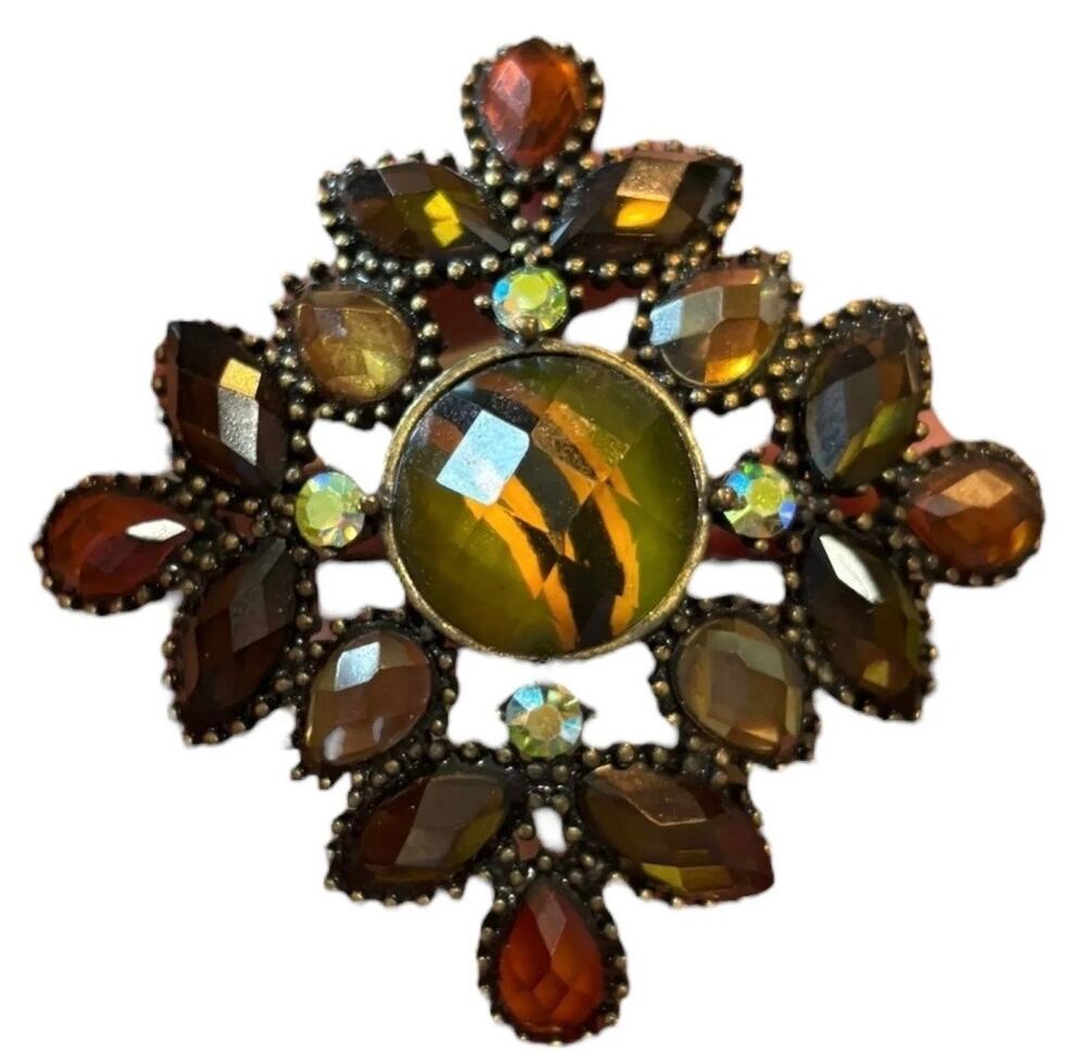 Vintage Amber Tone Acrylic Statement Brooch Victorian Revival Pin Rhinestone